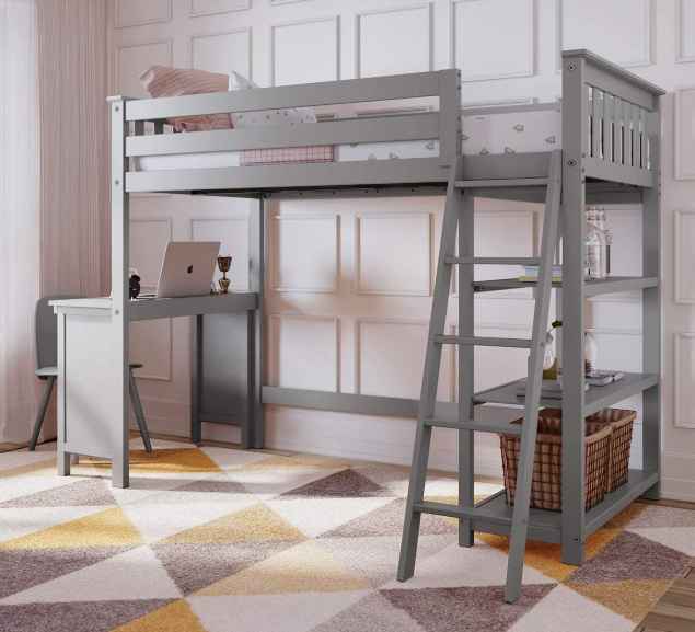 Max & Lily full size Loft Bed With Bookcase and Desk, Grey
