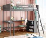 Full Size Loft Bed with 3 Storage Shelves and Built-in Desk, Wooden Loft Bed Frame with Convertible Ladder and Guardrails, No Box Spring Needed